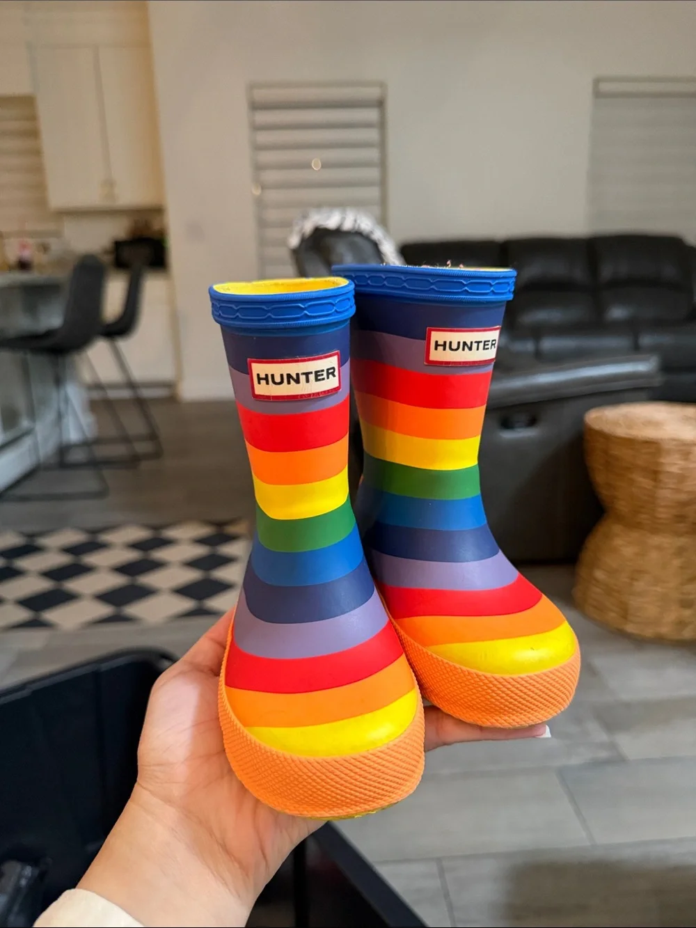 Hunter Kids Rainbow Stripe Rain Boots - Orange, Yellow, Green, Blue, Purple